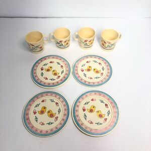 vintage chilton tea set plastic cups and saucers blue yellow birds 8 piece